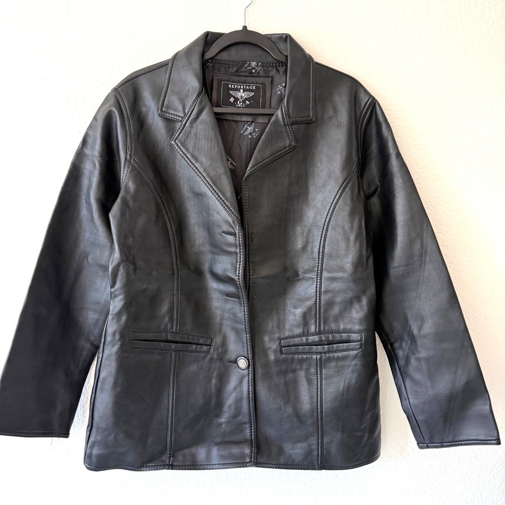 Reportage R.G.A. Leather Blazer Women Large Black Vintage Italian Jacket Coat